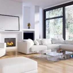 Jasne wnętrze salonu z dużym narożnikiem, fotelem i pufą w kolorze białym, z widokiem na zieleń przez przesuwne okno z czarną ramą.