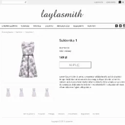 Zrzut ekranu strony internetowej sklepu z sukienką w kwiaty, rozmiar M, kolor różowy, cena 149 zł, przycisk 'Kupuję'. Logo sklepu w górnej części strony.