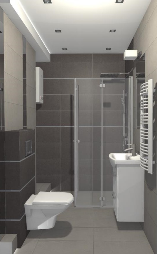 Nowoczesna łazienka z kabiną prysznicową, podwieszaną toaletą i umywalką z szafką, utrzymana w szaro-białej kolorystyce z kwadratowymi płytkami na ścianach.