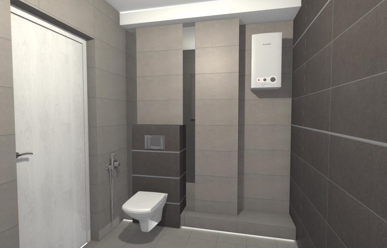 Nowoczesna łazienka z szarą glazurą, podwieszaną toaletą z zabudową, białym bojlerem na ścianie i chromowaną słuchawką prysznicową obok drzwi.