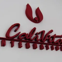 Czerwone logo 3D 'CaliVita International' zamontowane na białej ścianie, z efektem cienia podkreślającym trójwymiarowość liter.