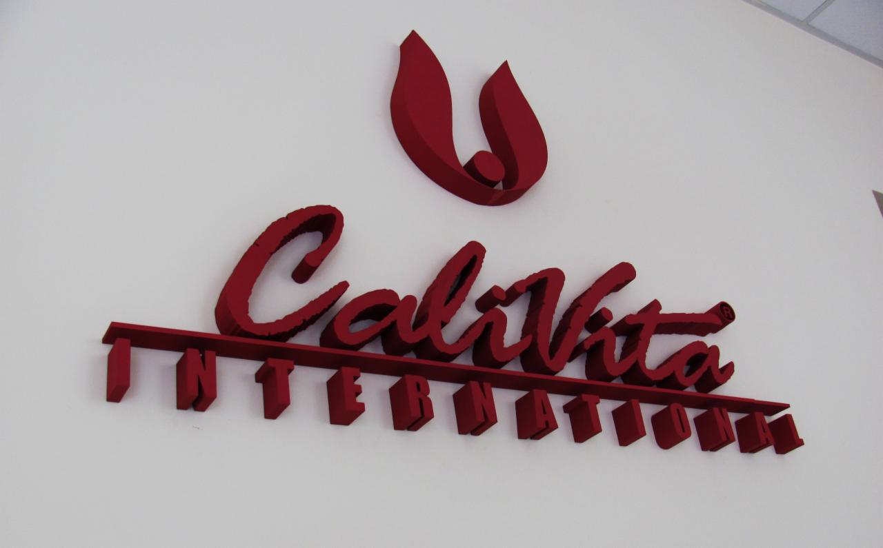 Czerwone logo 3D 'CaliVita International' zamontowane na białej ścianie, z efektem cienia podkreślającym trójwymiarowość liter.