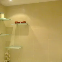 Beżowe płytki ścienne z półkami ze szkła, na których stoją dekoracje. Na dole widoczny fragment białego storczyka. Całość oświetlona punktowym światłem.