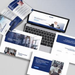 Michał Drzewski - Zestaw materiałów firmowych Finante: laptop z prezentacją, ulotka, broszura. Elementy identyfikacji wizualnej firmy w spójnej kolorystyce i układzie.