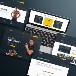 Michał Drzewski - Laptop prezentuje stronę internetową trenera personalnego Kamila Zdziebko z ofertą pakietów treningowych i blogiem. Widoczne ekrany z wizerunkiem trenera i opisem współpracy.