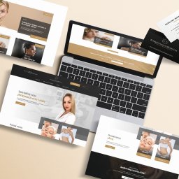 Michał Drzewski - Prezentacja responsywnej strony www na laptopie, wizytówki i wydruki reklamowe w minimalistycznej stylistyce dla branży kosmetologii medycznej. Elegancki design.