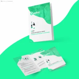Dwa otwarte katalogi firmowe Eplee w odcieniach bieli i zieleni, prezentujące ofertę współpracy B2B, ilustracje wektorowe i projekt strony internetowej.