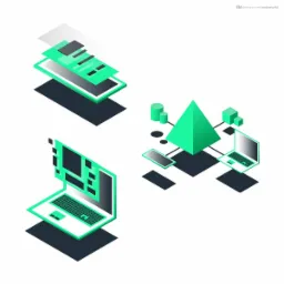 Izometryczna ilustracja przedstawia schematycznie połączone ze sobą urządzenia i elementy graficzne w odcieniach zieleni i szarości, w tym laptop z interfejsem użytkownika, tablet, piramidę, kostki...