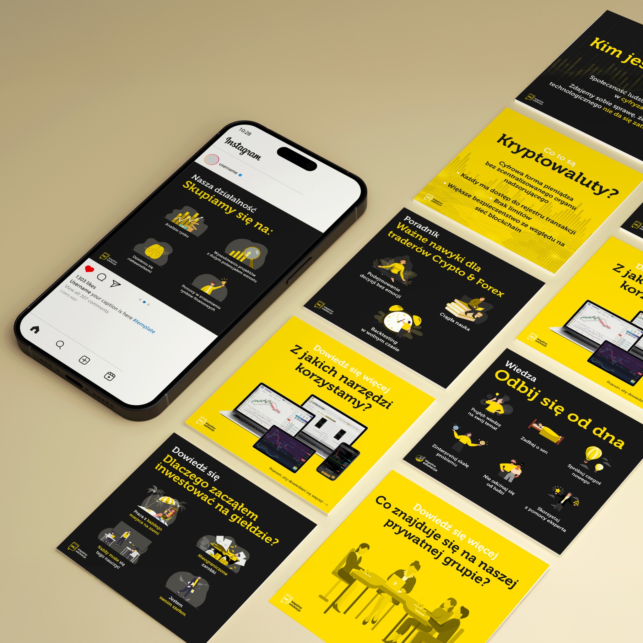 Instagram post z grafikami edukacyjnymi o inwestycjach i kryptowalutach, w czarno-żółtej kolorystyce. Widoczny smartfon z aplikacją i ulotki informacyjne.