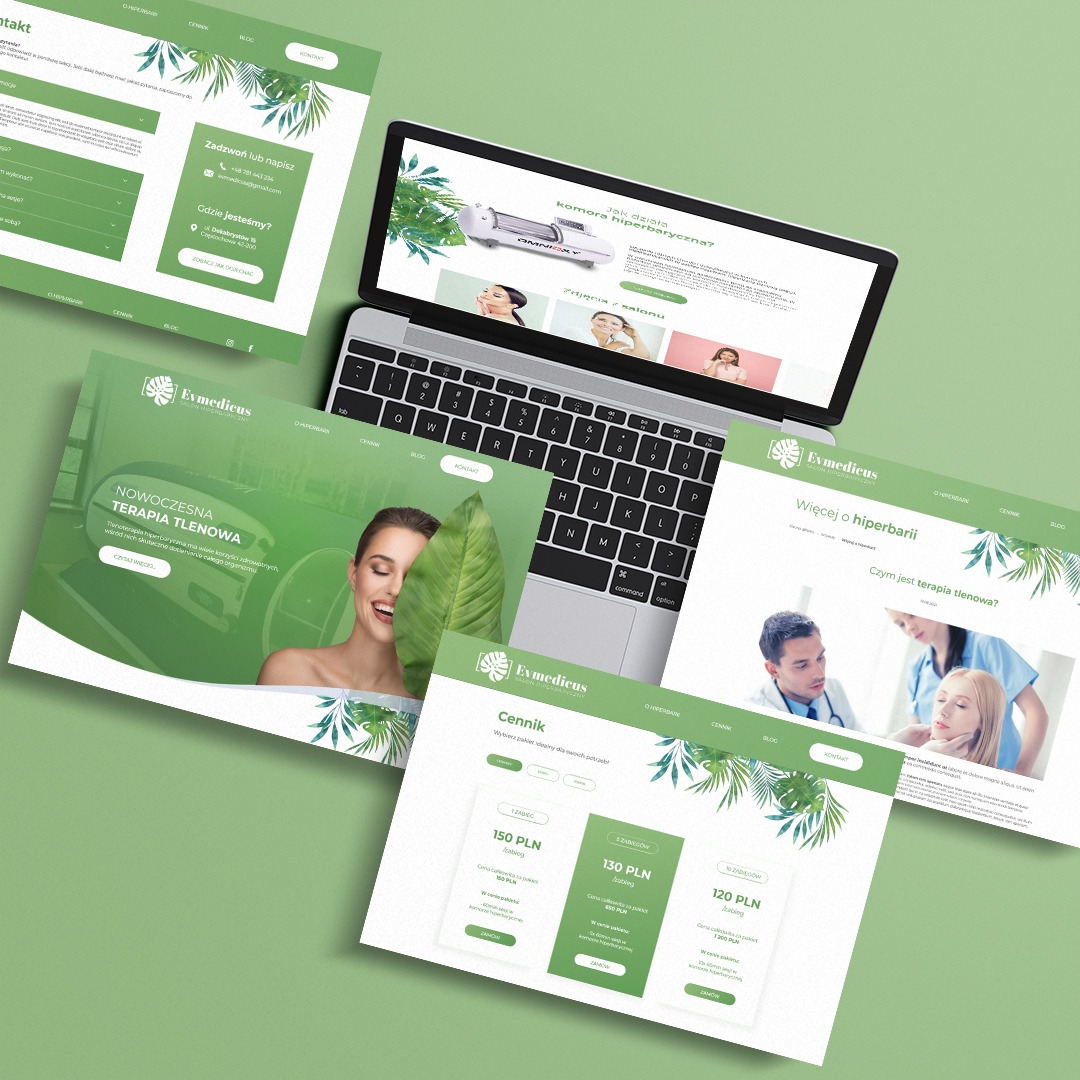 Laptop prezentuje stronę internetową Evmedicus z zieloną kolorystyką i motywami roślinnymi, obok leżą wydrukowane strony cennika i oferty terapii tlenowej.