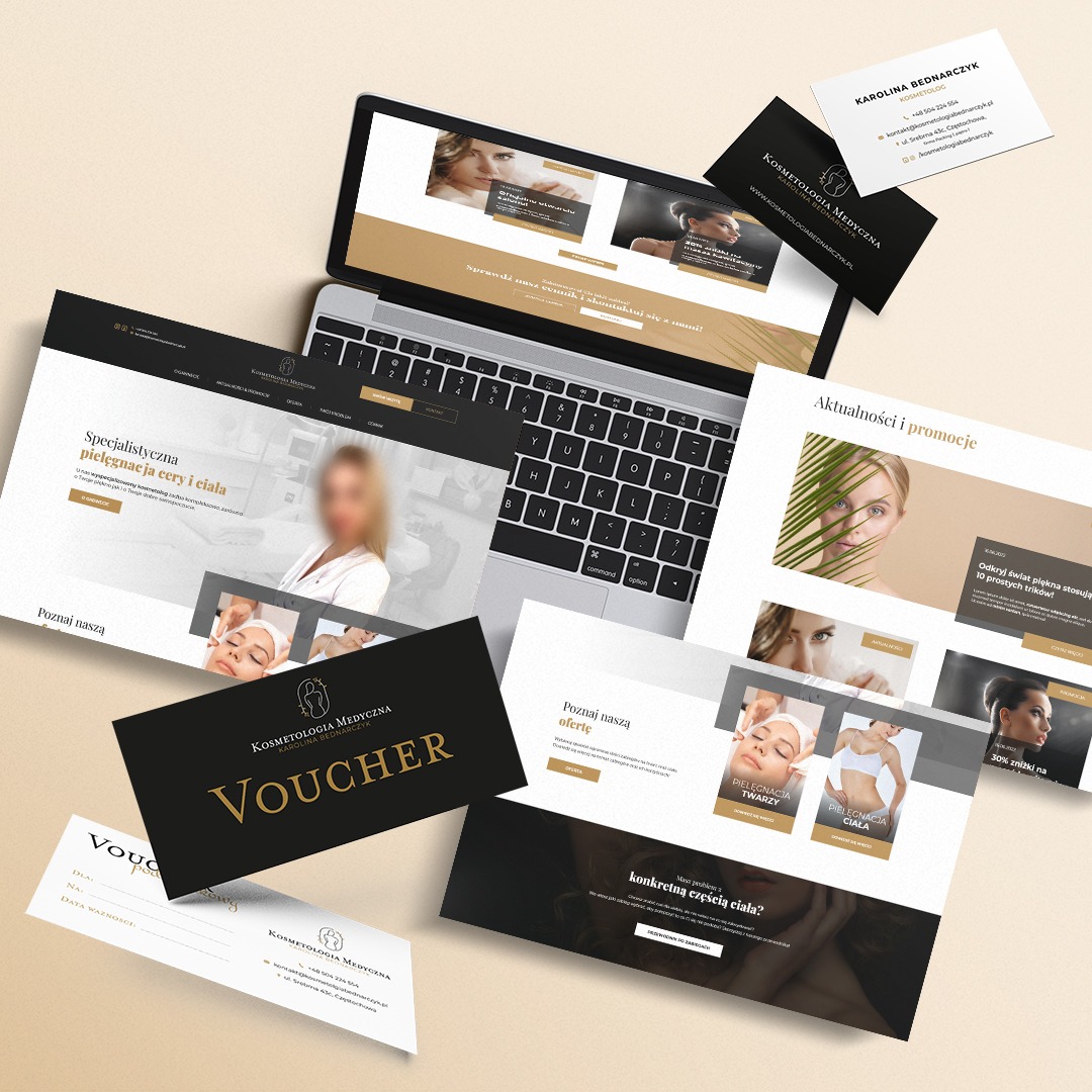 Prezentacja identyfikacji wizualnej gabinetu kosmetycznego: strona www na laptopie, wizytówki i voucher w czarno-złotej kolorystyce, na jasnym tle.