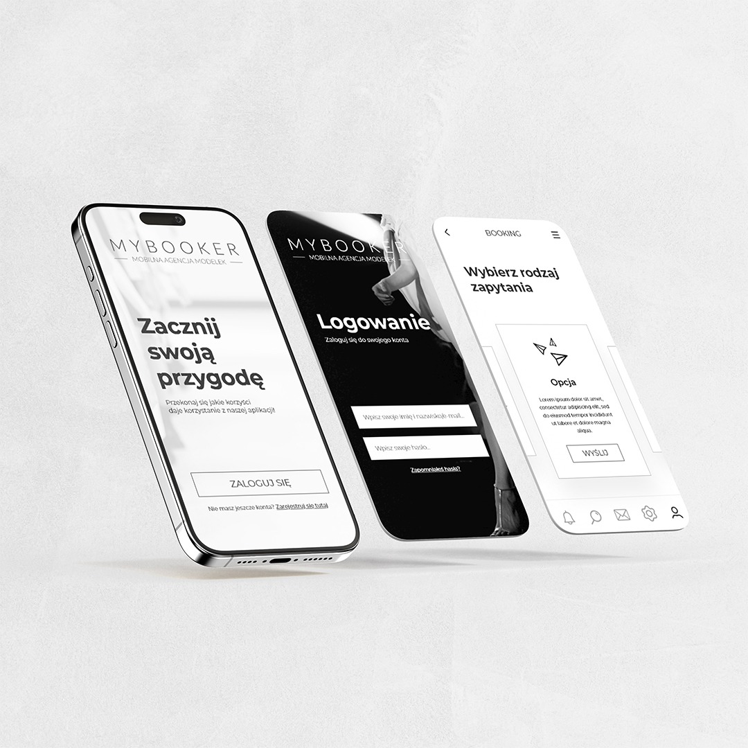 Mockup trzech smartfonów z interfejsem aplikacji mobilnej MyBooker, prezentujący ekrany: powitalny, logowania i wyboru zapytania, na jasnym tle.