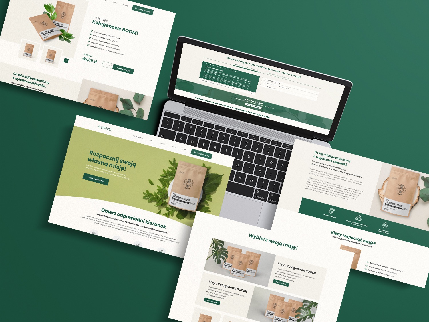 Mockup strony internetowej z motywem kolagenu, wyświetlany na laptopie i luźnych kartkach. Dominują odcienie zieleni i beżu, z akcentami na opakowania produktu.