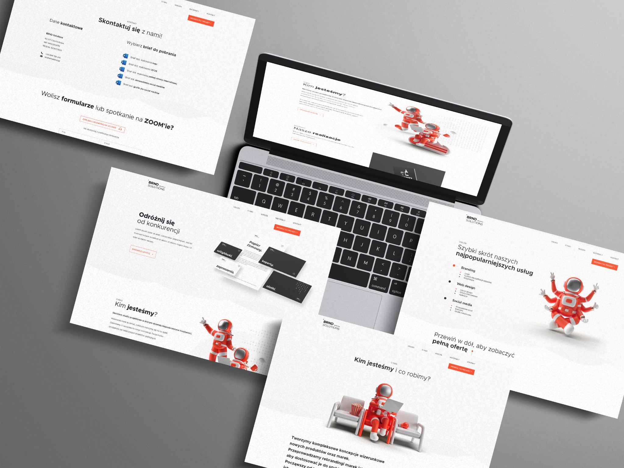 Laptop prezentuje stronę z portfolio brandingowego, otoczony wizytówkami, ulotkami i papierem firmowym. Widoczne logo firmy BRND Solutions.