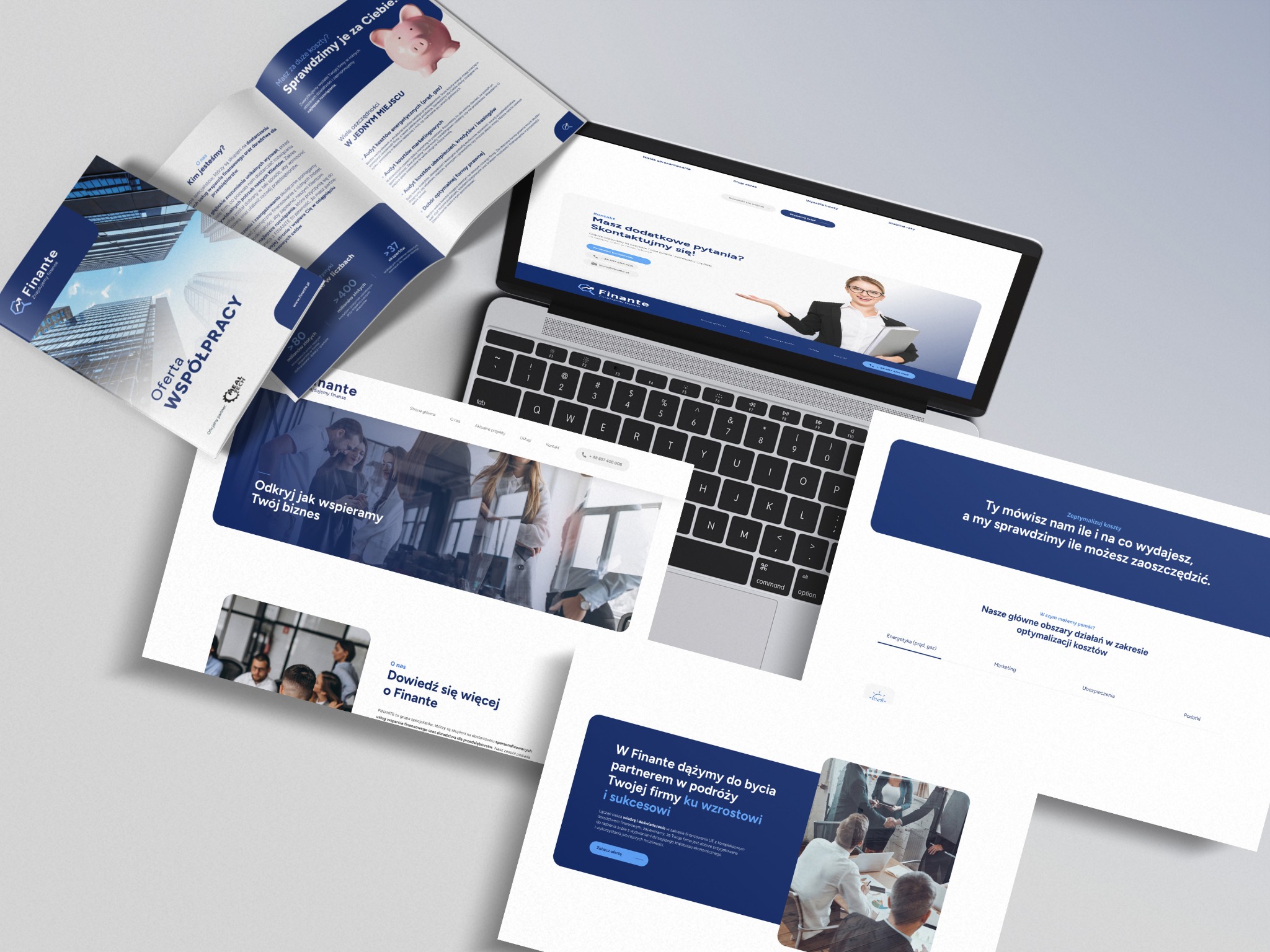 Zestaw materiałów firmowych Finante: laptop z prezentacją, ulotka, broszura. Elementy identyfikacji wizualnej firmy w spójnej kolorystyce i układzie.