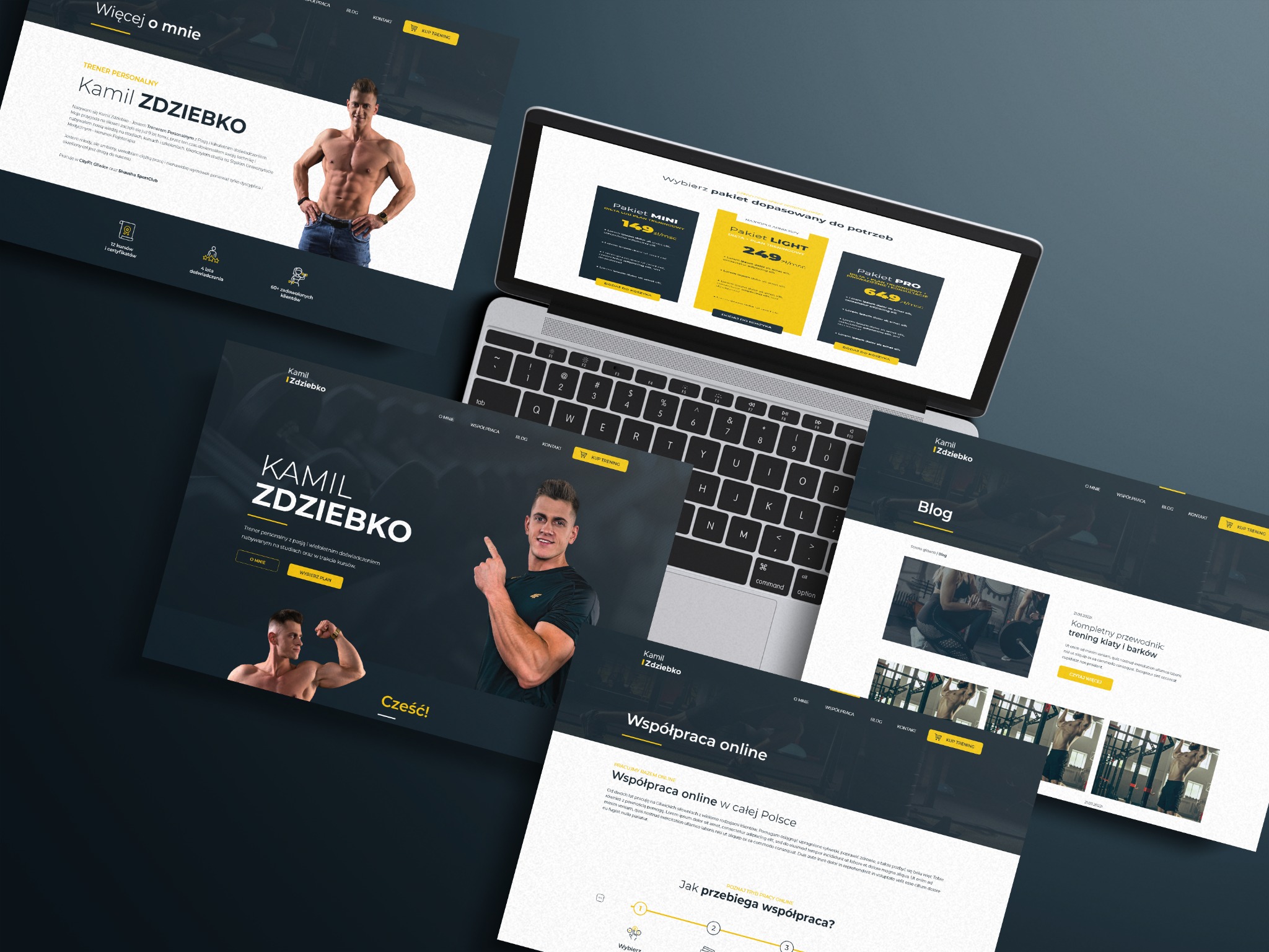 Laptop prezentuje stronę internetową trenera personalnego Kamila Zdziebko z ofertą pakietów treningowych i blogiem. Widoczne ekrany z wizerunkiem trenera i opisem współpracy.