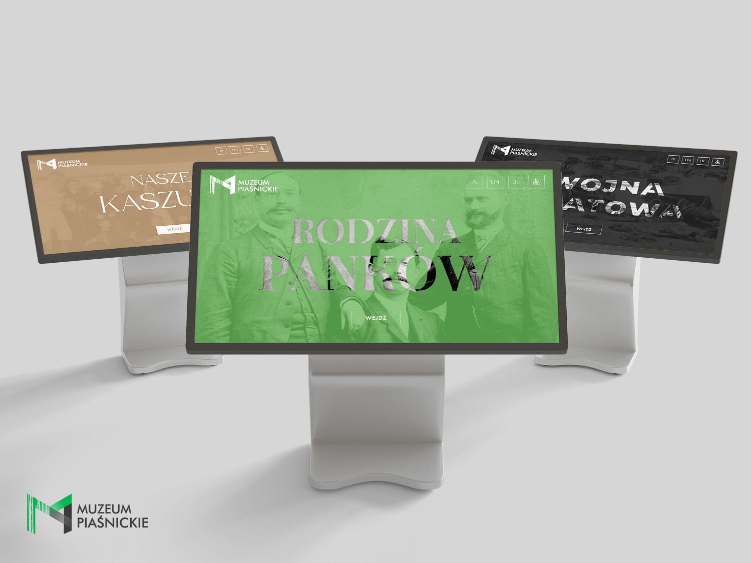 Ekrany dotykowe Muzeum Piaśnickiego prezentują interaktywne wystawy: 'Nasze Kaszuby', 'Rodzina Panków' i 'Wojna Atomowa'. Minimalistyczny design, stonowana kolorystyka.