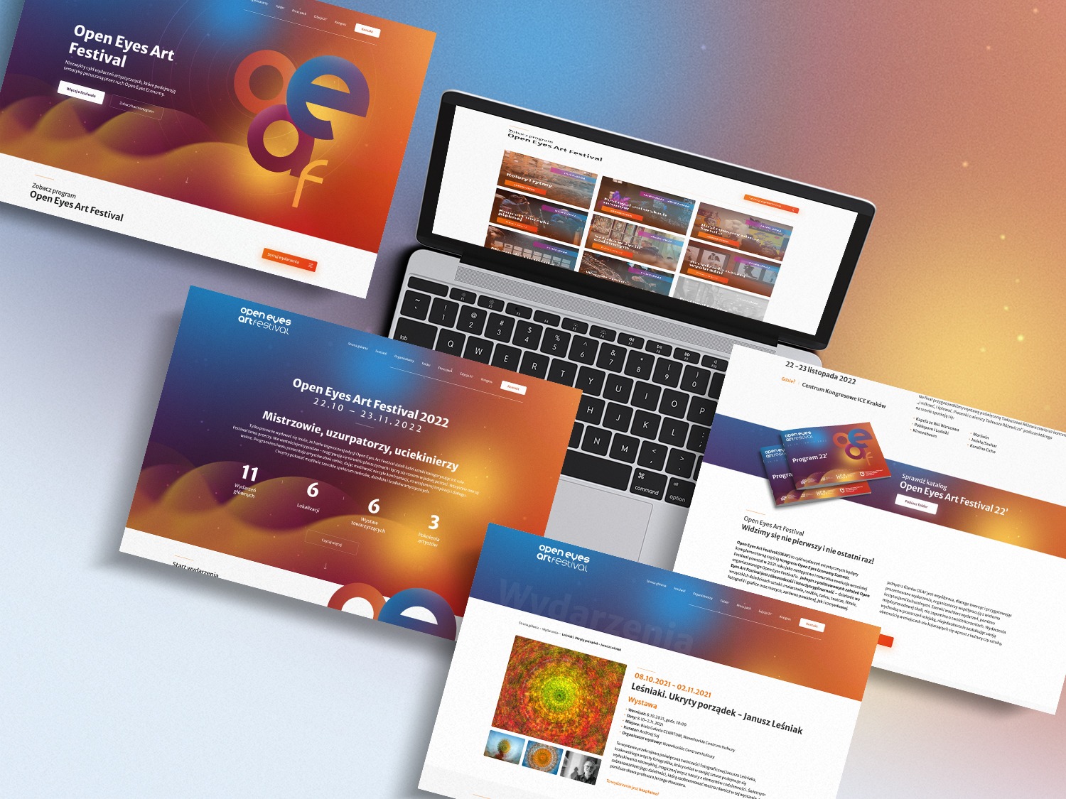 Prezentacja strony internetowej Open Eyes Art Festival na laptopie, otoczona wydrukami różnych podstron, ukazująca spójny branding i identyfikację wizualną wydarzenia.