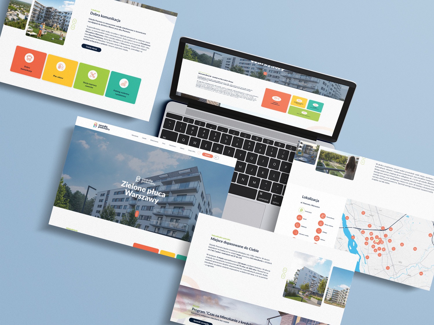 Laptop prezentuje stronę internetową osiedla mieszkaniowego z zielonymi akcentami i nowoczesną architekturą. Dodatkowe materiały informacyjne obok.