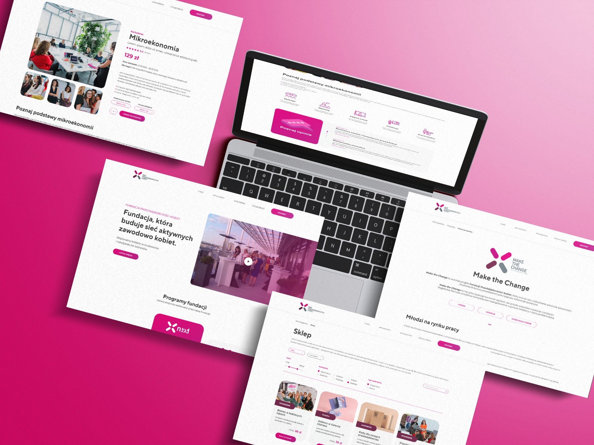 Laptop prezentuje strony internetowe Fundacji Przedsiębiorczości Kobiet, ukazując ofertę szkoleń, programów i artykułów dla kobiet w biznesie na różowym tle.