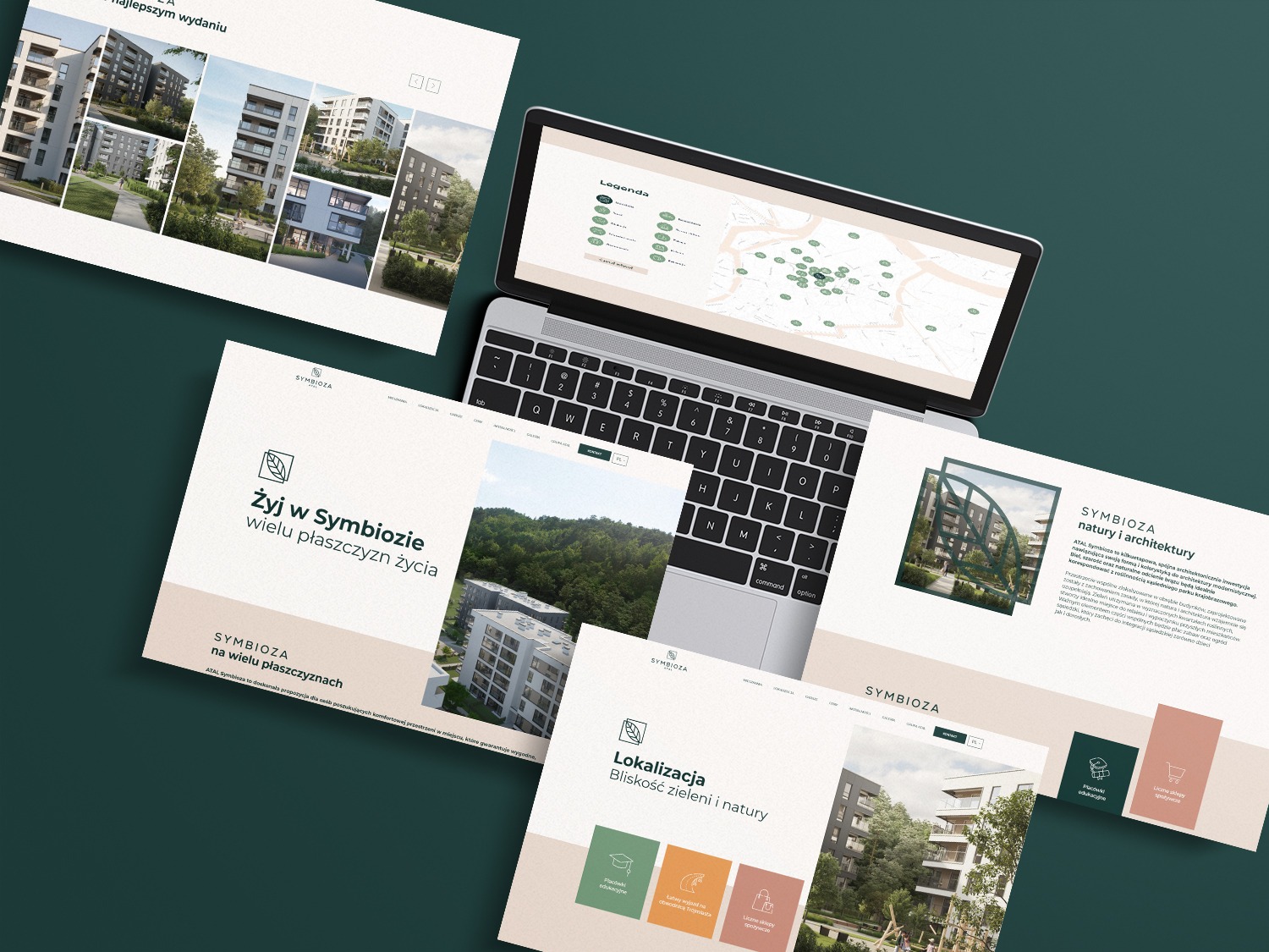 Makieta identyfikacji wizualnej dewelopera Symbioza z wizualizacjami osiedla, mapą lokalizacji i hasłami reklamowymi, prezentowana na laptopie i wydrukach.