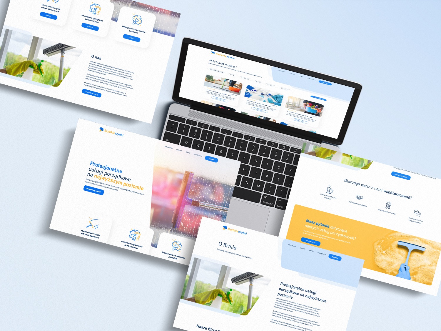 Laptop prezentuje responsywną stronę internetową firmy sprzątającej, otoczony wydrukami poszczególnych podstron, tworząc spójną wizualizację projektu.