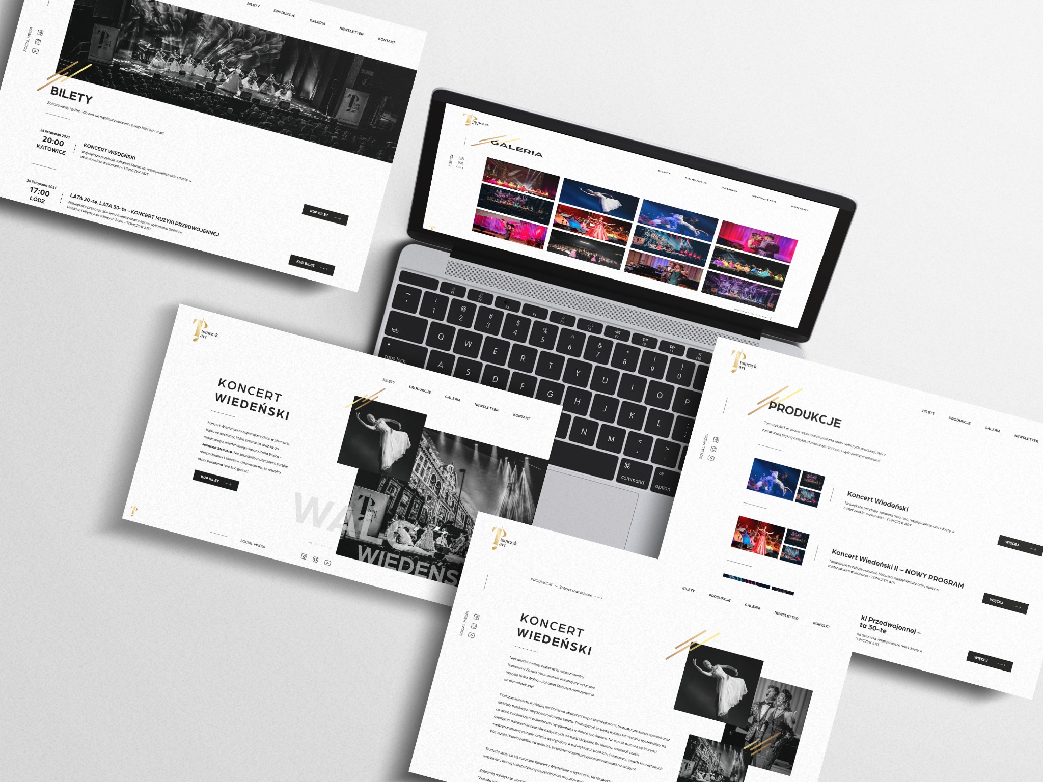 Układ stron internetowych koncertu wiedeńskiego na laptopie i wydrukach, prezentujący galerię, bilety i produkcje. Minimalistyczny design z logo Tomczyk Art.