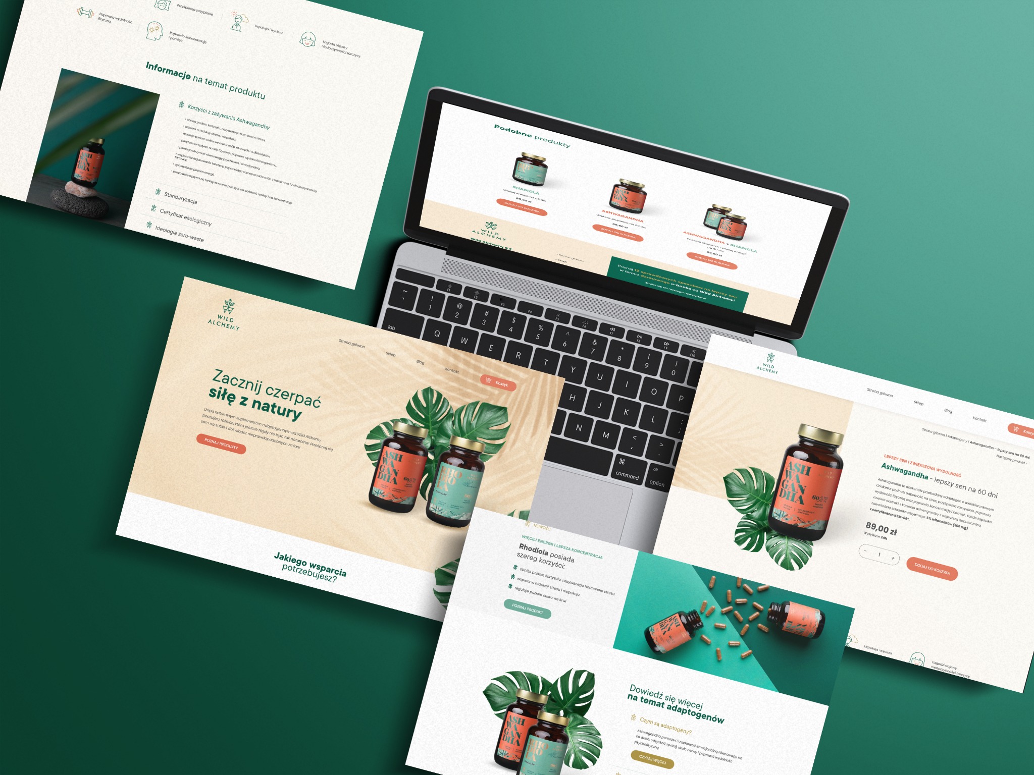 Prezentacja strony internetowej Wild Alchemy na laptopie, z widocznymi informacjami o produktach i adaptogenach. Elementy graficzne i tekst tworzą spójny układ.