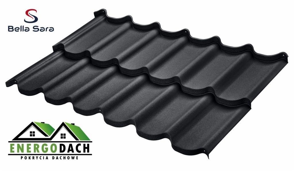 Czarny panel dachowy z tłoczeniami, widoczne logo producenta Bella Sara i EnergoDach