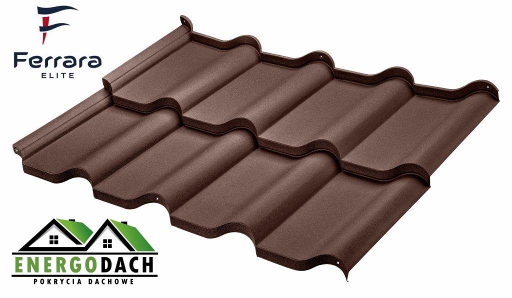 Brązowe panele dachowe z blachy trapezowej, widoczne logo producenta Ferrara Elite oraz EnergoDach.