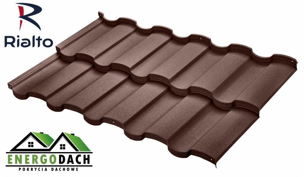 Brązowe panele dachowe z blachy trapezowej z logotypami producentów Rialto i Energodach na białym tle.