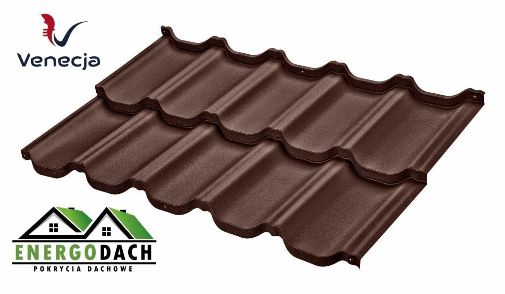 Brązowe dachówki modułowe z logo producentów Veneza i Energodach na białym tle.