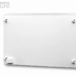 Biały panel grzewczy UDEN-S z widocznymi uchwytami montażowymi, prezentowany na jasnym tle. Minimalistyczny design, czysty kadr.