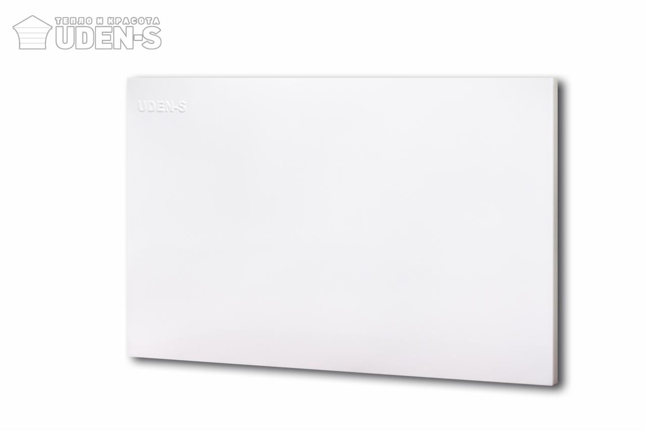 Biały panel grzewczy UDEN-S, widoczny z przodu na białym tle, z delikatnym cieniem, ukazujący minimalistyczny design i subtelne logo w górnym rogu.