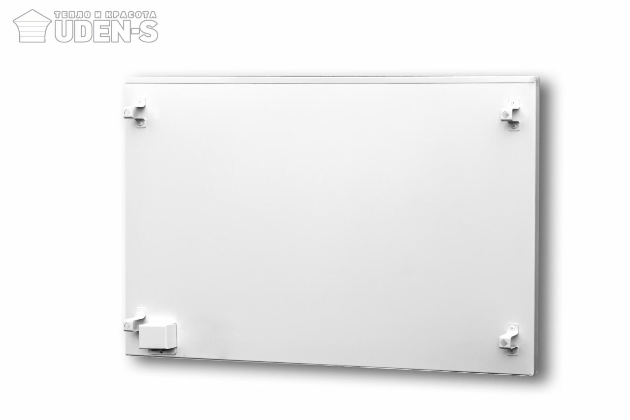 Biały panel grzewczy UDEN-S z widocznymi uchwytami montażowymi, prezentowany na jasnym tle. Minimalistyczny design, czysty kadr.