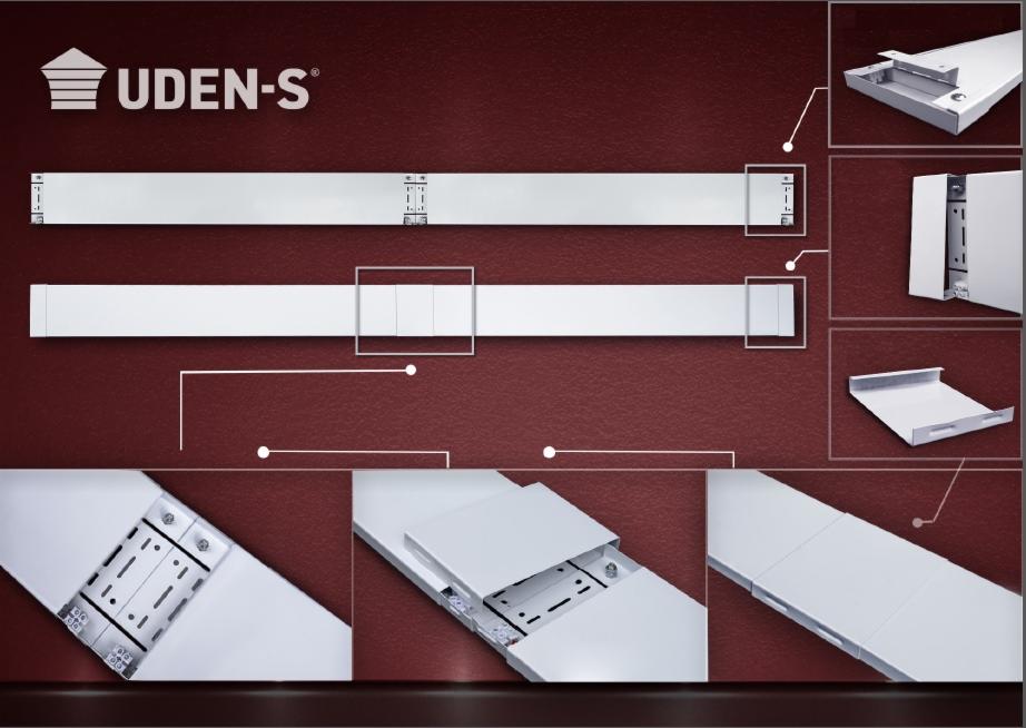 Szczegółowy widok paneli grzewczych UDEN-S na bordowym tle, z detalami montażu i konstrukcji. Prezentacja produktu z bliska.