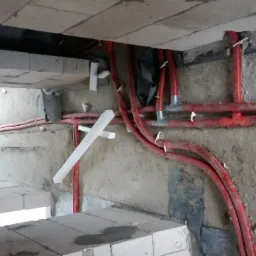 Czerwone rury instalacji wodnej prowadzone w surowym wnętrzu budynku z bloczków, widoczne białe elementy mocujące i fragment okna.