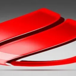 Czerwone, abstrakcyjne logo przypominające płomień na szarym tle. Element graficzny z połyskiem i cieniem, tworzący wrażenie trójwymiarowości.