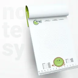 Notatnik biurowy z logo Kiwi Gifts, z zieloną okładką i nadrukowaną miarką na dole, prezentujący dane kontaktowe i formaty papieru.