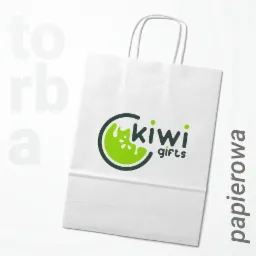 Biała torba papierowa z logo 'kiwi gifts' w kolorze zielonym i czarnym, umieszczona na jasnym tle.