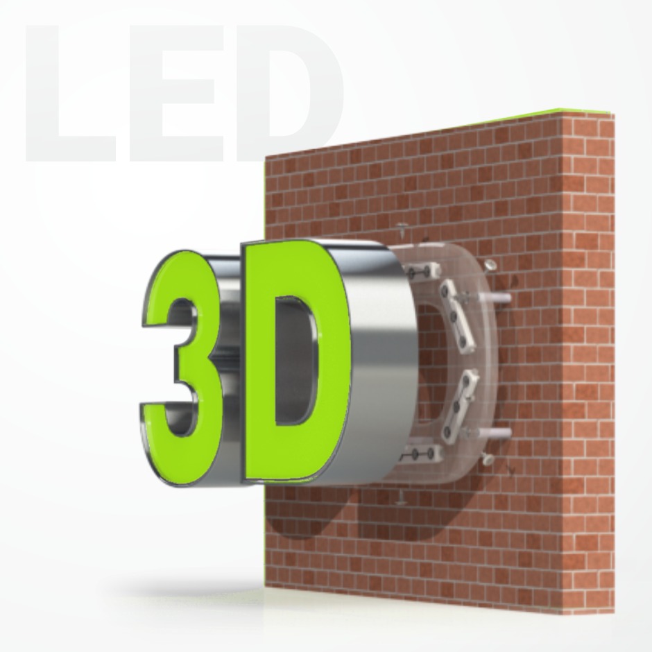 Wizualizacja 3D napisu LED z zielonymi elementami na tle fragmentu ściany z czerwonej cegły, mocowanego za pomocą przezroczystej płyty i śrub.