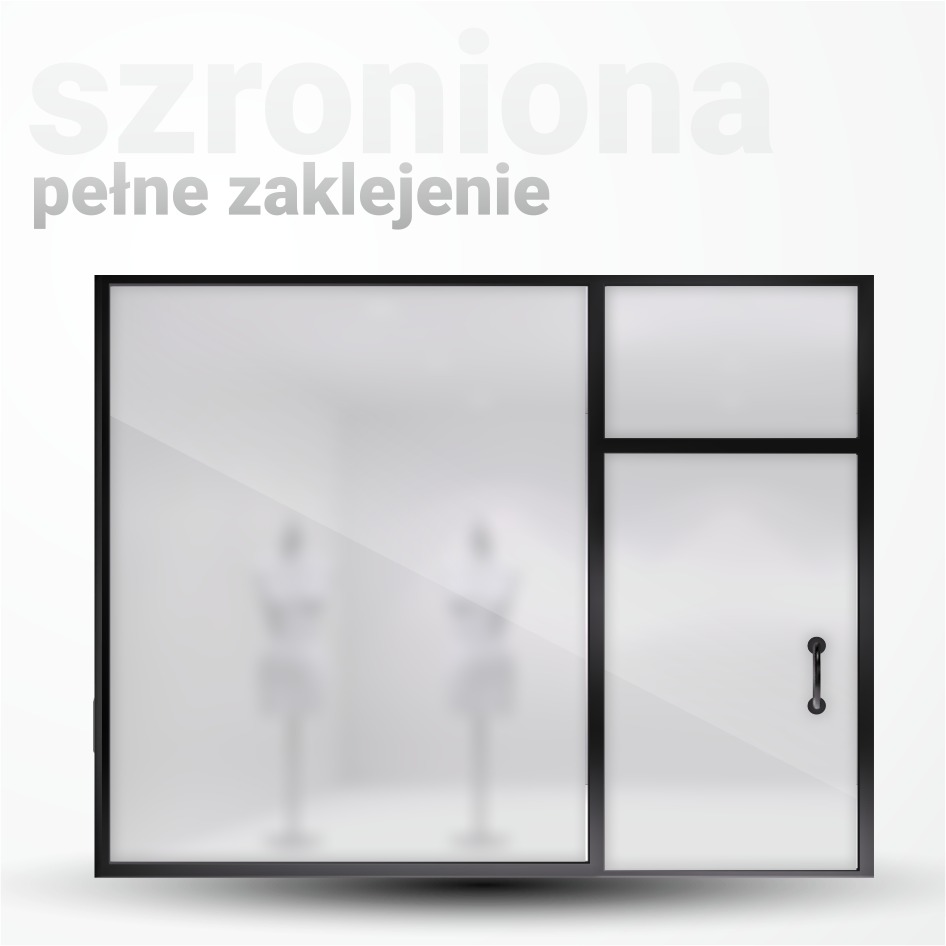 Okno biurowe z czarną ramą i częściowo matową folią, za którą widać zarysy dwóch manekinów.