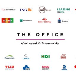 The Office Wawrzyniak & Tomaszewska - Logotypy banków, firm leasingowych i ubezpieczeniowych, w tym Alior Bank, Santander, ING, PZU, Allianz, Warta, Ergo Hestia, tworzące kolaż dla 'The Office'.