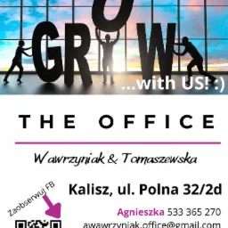 Grafika reklamowa: hasło 'GROW with US!' z sylwetkami osób w biurze na tle okna. Dane kontaktowe: adres, telefony, e-maile, QR kod do Facebooka. Finanse, ubezpieczenia, biznes.