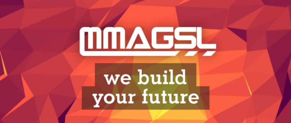 Grafika z logo MMAGSL na tle geometrycznym w odcieniach czerwieni i pomarańczy. Pod logiem napis: 'we build your future'.