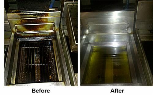 Czyszczenie frytownicy przemysłowej: porównanie stanu przed (brudna, przypalona) i po czyszczeniu (czysta, lśniąca). Efekt 'przed i po' z wyraźną różnicą.