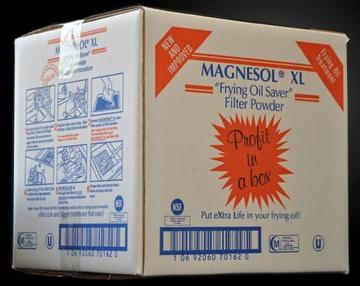 Karton Magnesol XL: filtr do oleju do smażenia. Napis 'Profit in a box' na pomarańczowym tle. Instrukcja użycia z ikonami. Kod kreskowy na spodzie. Produkt do gastronomii.