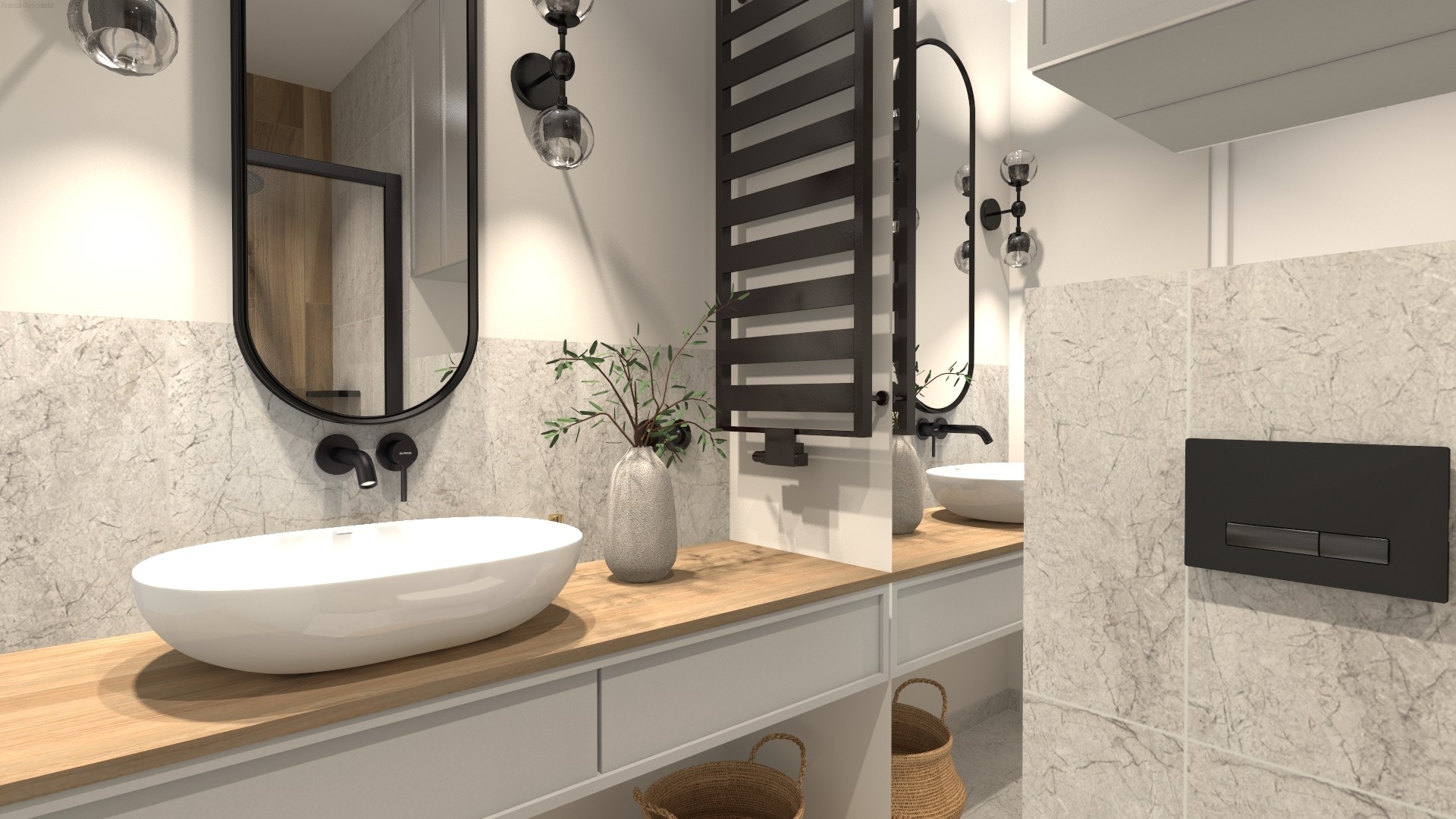 Wizualizacja nowoczesnej łazienki z dwoma umywalkami nablatowymi o owalnym kształcie, czarnymi bateriami, grzejnikiem drabinkowym i lustrami w czarnych ramach. Na blacie stoi wazon z gałązkami.