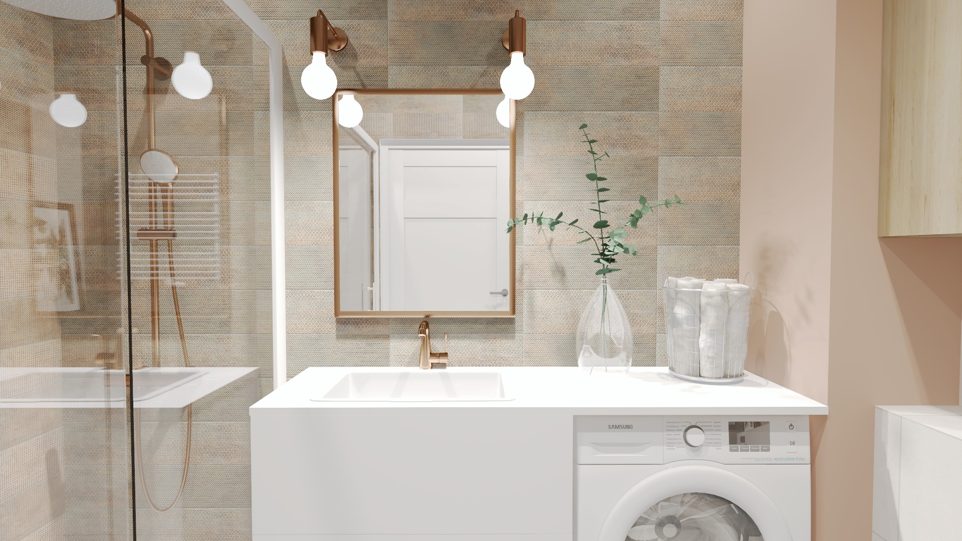 Wizualizacja łazienki z beżowo-brązowymi płytkami, kabiną prysznicową ze złotymi elementami, białą szafką z umywalką i pralką Samsung oraz lustrem w złotej ramie, oświetlona ciepłym światłem.
