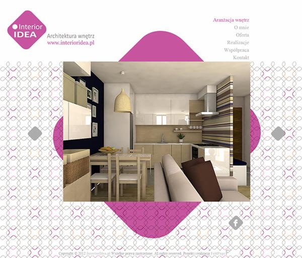 Projekt wnętrza z otwartą kuchnią, jadalnią i salonem. Jasne meble, drewniany stół, beżowa kanapa. Fioletowe akcenty graficzne w tle. Prezentacja firmy Interior IDEA.